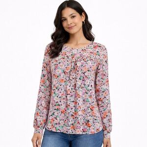NWT Women's Ann Taylor Floral Long Sleeve Round Yoke Top Blouse M Black Pink